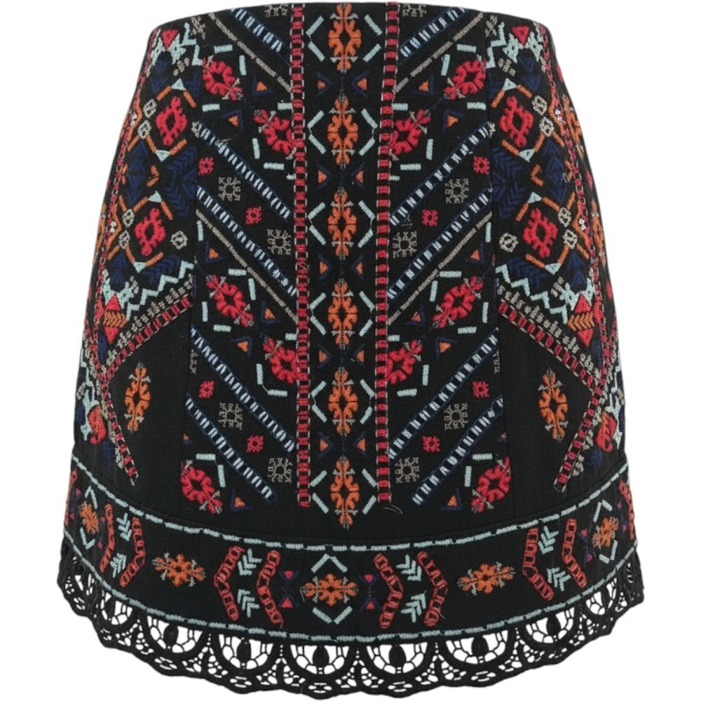 Ecote Urban Outfitters Black Embroidered Boho Mini Skirt Lace Trim Size 2